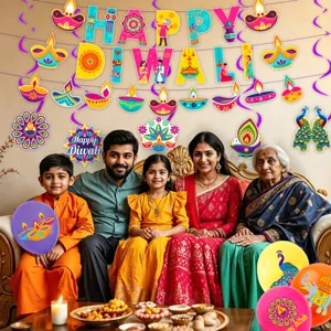 Diwali party decoration hanging banner and festive celebration balloons set for holiday decor