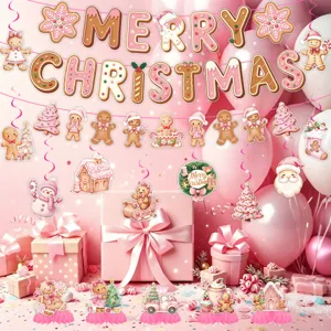 Pink Christmas Gingerbread Man Party Decoration Set Merry Christmas Banner Hanging Swirls