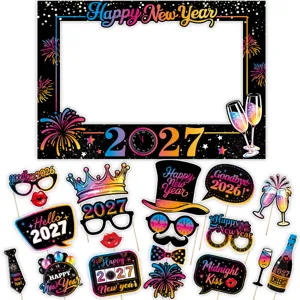 2027 New Year photo booth props set, funny party frame and handheld party decorations.