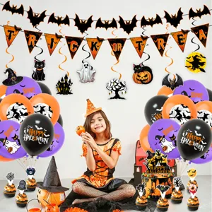 Halloween Party Deko Set mit Banner Luftballons Tortenstecker und gruseligen Requisiten