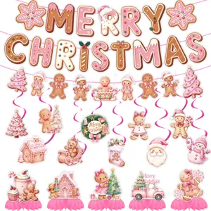 Christmas gingerbread man party decoration set with banner hanging swirls honeycomb.