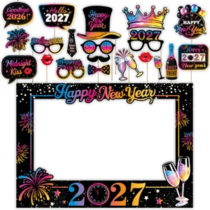2027 New Year party photo booth props set with funny handheld frame and festive signs.