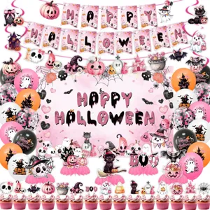 Rosa Halloween Party Deko Set mit Bannern, Ballons und Hängedekoration für gruselige Feste.