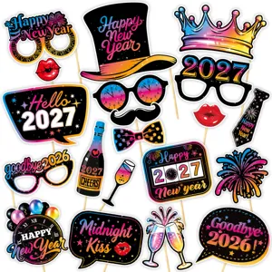 Funny Paper New Year Photo Booth Props Glitter Multicolor Festive Table Layout Props Handheld Photo Mask Background Decoration For New Year Party