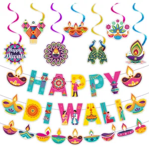 Diwali party hanging swirls and banner decorations with festive diya and mandala designs.
