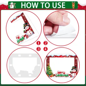 Instructional graphic detailing how to use the Christmas photo booth frame step by step.