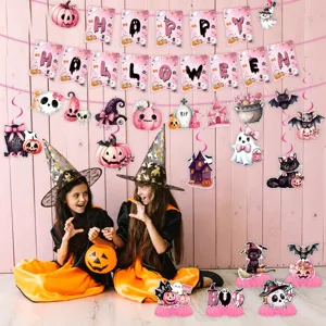 Rosa schwarze Halloween Party Deko Set mit Banner Hängedeko und Waben Tischaufsätzen.