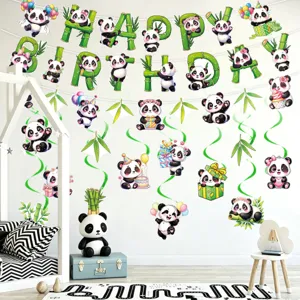 Panda birthday party decorations bamboo letter banner cute cartoon panda hanging swirls