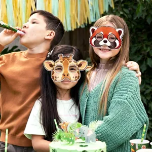 Mascaras animales selva niños para fiesta cumpleaños, set disfraces jirafa y panda.