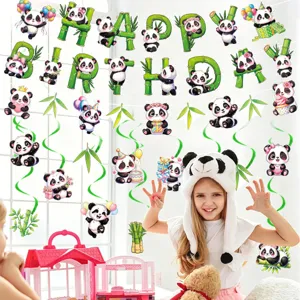 Cute panda themed birthday party hanging banner and spiral decorations scene display.