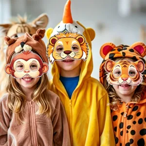 Vista detallada de máscaras de animales de la selva para niños, accesorios lindos para fiesta.