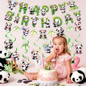 Panda birthday party decorations banner hanging swirls set kids cute cake topper supply