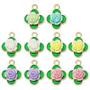 Four Leaf Clover Rose Flower Drip Oil Alloy Pendant DIY Jewelry Accessories For Bracelet Necklace Earring Charms Resin Flowers Accessory