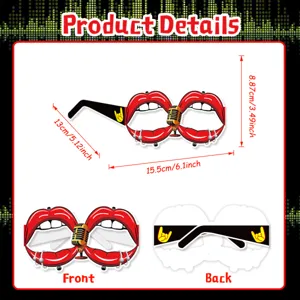 Vue détaillée des lunettes de fête rock avec dimensions, accessoires de lèvres et micro.