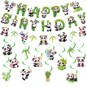 Cute Cartoon Panda Theme Birthday Party Decoration Set Banner Hanging Bunting Swirl Garland For Children Kids Birthday Stage Layout Paper Streamer Accessories
