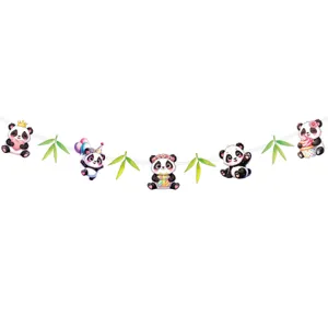 Cute giant panda themed party bunting banner featuring lovely cartoon pandas and bamboo leaves.