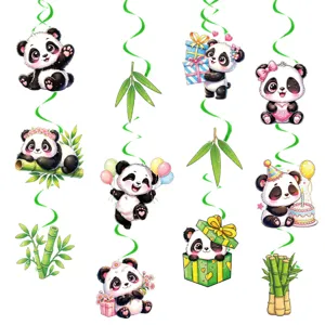 Close-up details of cute cartoon giant panda hanging swirls with bamboo and gift box graphics.