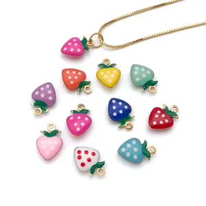 Colorful enamel strawberry pendants with gold chain, stainless steel DIY jewelry making charms.