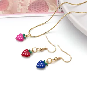 Stainless steel gold-plated enamel strawberry pendant necklace and earrings DIY accessory detail.