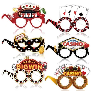 Casino Thema Party Papier Brille Set mit Poker Würfel Spielautomat Motiven für Geburtstagsfeiern.