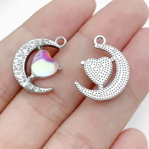 Silver crescent moon heart pendant charms rhinestone DIY jewelry making accessories