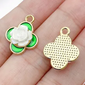 DIY clover metal alloy pendant with white flower and green enamel for handmade jewelry making