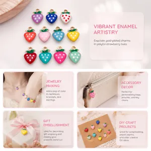 Colorful enamel strawberry charms gold-plated metal pendants for DIY jewelry making.