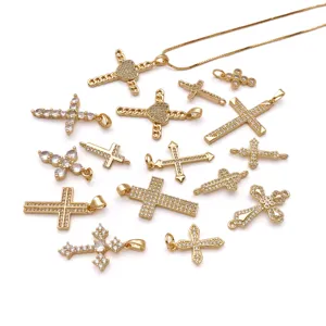 Ciondoli croce dorati con zircone cubico micro pavé charms per creazione gioielli accessori