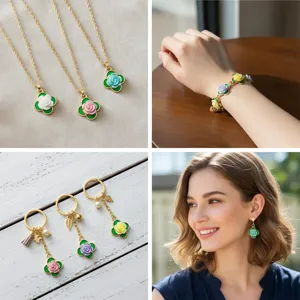 Four-leaf clover rose alloy jewelry set including necklaces, bracelets, earrings and keychains.