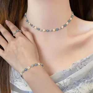 Delicate crystal beaded floral necklace bracelet ring set, summer fresh jewelry style.