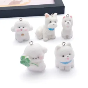 Cute Flocked Resin 3D Animal Pendants For DIY Keychain Bag Phone Accessories White Cartoon Dog Cat Charms For Jewelry Making