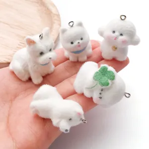 Cute flocked animal pendants white resin cartoon keychains DIY phone charms bag accessories
