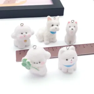 Flocked white puppy resin charms cute 3D cartoon animal pendant DIY keychain bag accessories