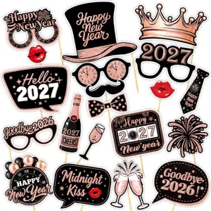 2027 Accessoires photo booth nouvel an, kit de deco fete noir et or rose celebration.
