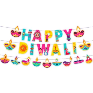 Festive Diwali party banner decoration with vibrant Diya lamps and letter flags.