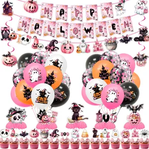 Rosa Halloween Party Deko Set mit Bannern, Luftballons und Waben-Tischdekorationen.