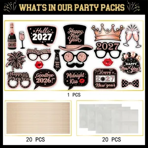 Set d'accessoires de photomaton Nouvel An 2027 rose gold avec bâtons et points de colle.