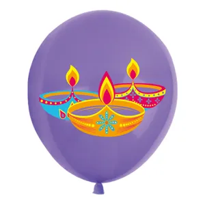 Diwali party purple latex balloon with traditional Indian Diya oil lamp print 12 inch decoration