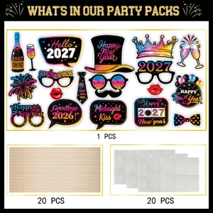 2027 New Year party photo booth props set with glasses hats sticks and adhesive dots.