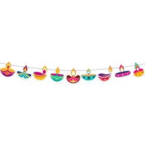 Diwali party decoration paper banner garland with traditional colorful oil lamps hanging string.