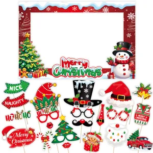 Funny Christmas Photo Booth Props Set Creative Party Decoration Mask Glasses Paper Handheld Photobooth Props For Holiday New Year Celebration Accessory