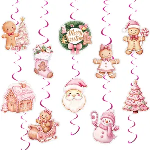 Pink Christmas gingerbread man hanging swirls party decorations set cute holiday ceiling decor.