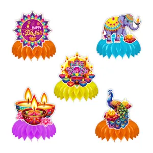Diwali party honeycomb centerpieces set, festival table decor with elephant and peacock cutouts.