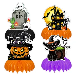 Halloween Party Tischdekoration, Papier Wabenbälle mit Geist und Kürbis Motiven für Feiern.