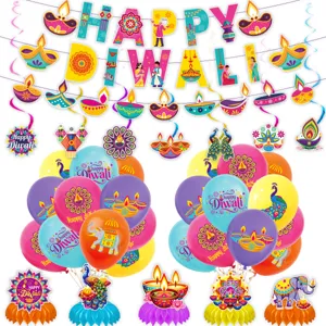 Happy Diwali Party Decorations Set With Banner Hanging Swirls Honeycomb Centerpieces And Latex Balloons For Festival Party Home Decor