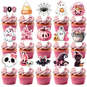 Rosa Halloween Cupcake Topper Detailansicht, süße Geister Kürbis Party Deko 15 Stück