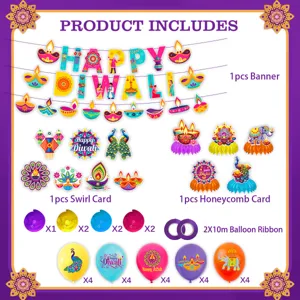 Diwali party decorations set with banner swirl hanging balloons honeycomb centerpieces.