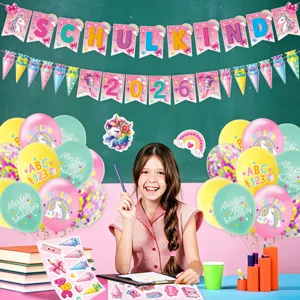 Back to school party decoration set with unicorn balloons, banners and stickers for kids.
