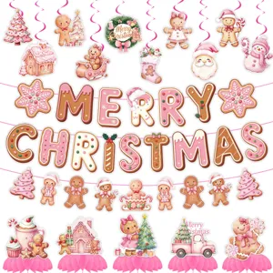 Pink Christmas Gingerbread Man Party Decoration Set Merry Christmas Banner Spiral Hanging Swirls Honeycomb Centerpiece Paper Ornaments For Festival Layout