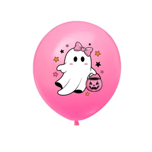 Rosa Halloween Geist Ballon Detail, süßer Cartoon Kürbis Eimer Druck für festliche Party Deko.